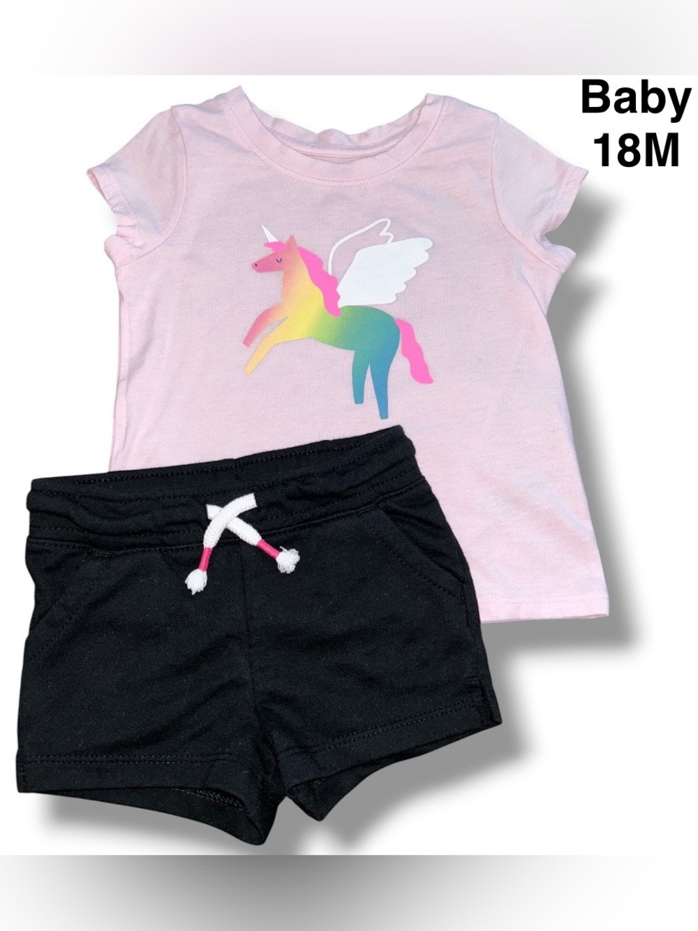 Cat & Jack Girls Pink Unicorn Tee with Black Drawstring Shorts Outfit Sz 18M